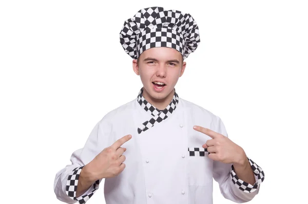 Jovem chef de uniforme isolado em branco — Fotografia de Stock