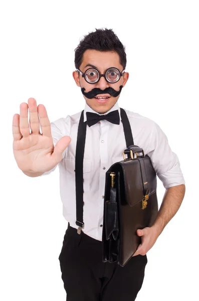 Young man with briefcase isolated on white — Stock Photo, Image