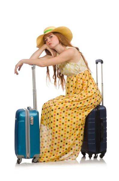 Mujer lista para viajar en verano aislada en blanco — Foto de Stock