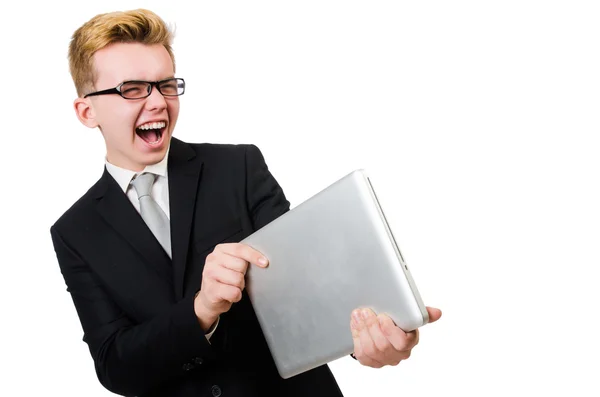 Joven hombre de negocios con portátil aislado en blanco — Foto de Stock