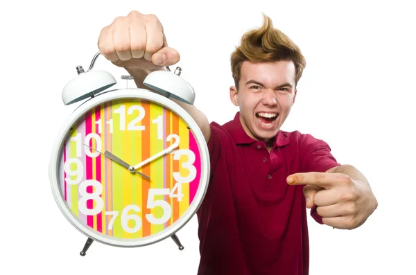 Student holding alarm clock isolated on white — Stock Photo, Image