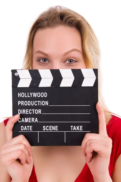 Vestido vermelho menina segurando clapboard isolado no branco — Fotografia de Stock