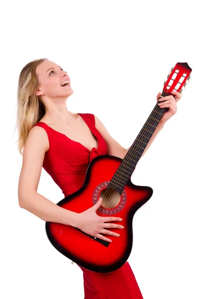 Blond haar vrouw met gitaar geïsoleerd op wit — Stockfoto