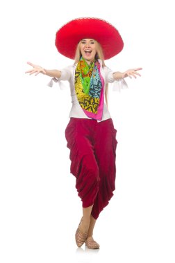 Meksikalı kız sombrero ile beyaz üzerinde dans ediyor