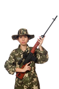 Keskin nişancı weapong beyaz izole kadın