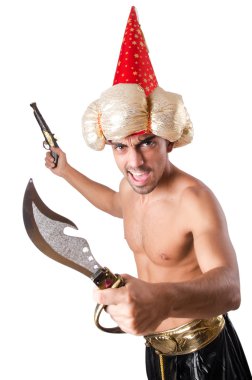 Beyaz izole bıçaklı komik adam