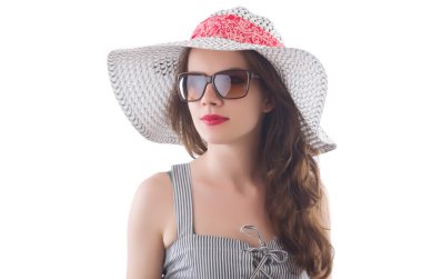 Şapka ve beyaz izole Gri çizgili elbise giyen genç kadın