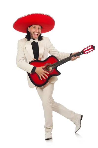 Funny mexicano en traje sosteniendo la guitarra aislado en blanco — Foto de Stock