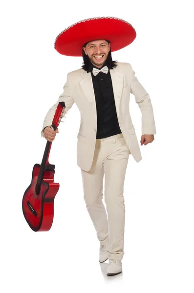 Divertente messicano in tuta che tiene la chitarra isolata su bianco — Foto Stock