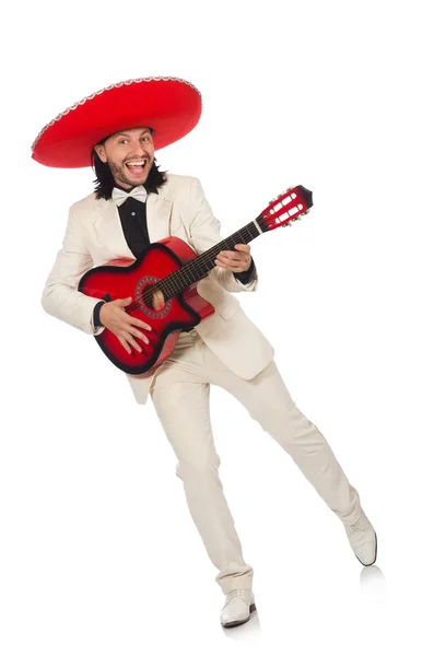 抱着吉他上白色孤立的穿着滑稽墨西哥 — 图库照片