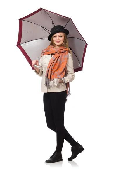 Femme avec parapluie isolé sur blanc — Photo