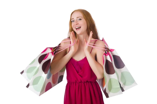 Woman with shopping bags isolated on white — Stock Photo, Image