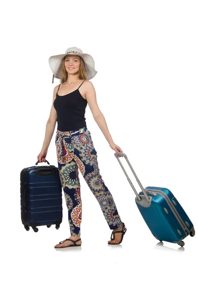 Woman ready for summer travel isolated on white — Stock Photo, Image