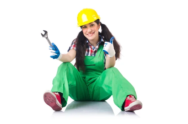 Vrouwelijke workman in groene overall geïsoleerd op de witte knop ingedrukt — Stockfoto