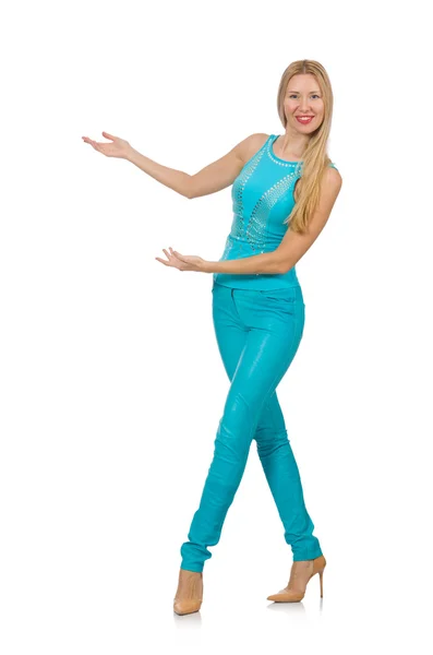 Mooie blonde vrouw in blauwe broek en shirt geïsoleerd op wit — Stockfoto