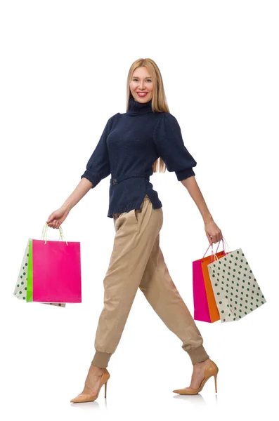 Mujer alta con bolsas de plástico aisladas en blanco —  Fotos de Stock