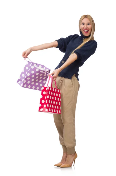 Mujer alta con bolsas de plástico aisladas en blanco —  Fotos de Stock