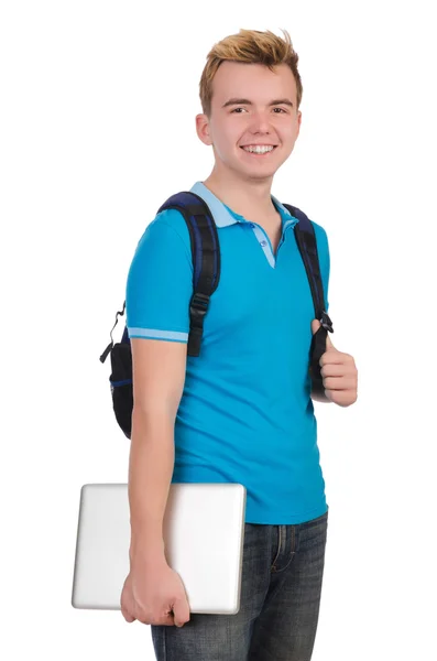 Student met laptop geïsoleerd op wit — Stockfoto