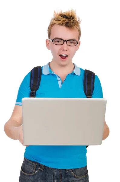 Student met laptop geïsoleerd op wit — Stockfoto