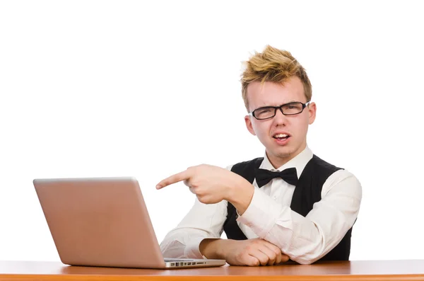 Estudiante inteligente sentado con portátil aislado en blanco — Foto de Stock