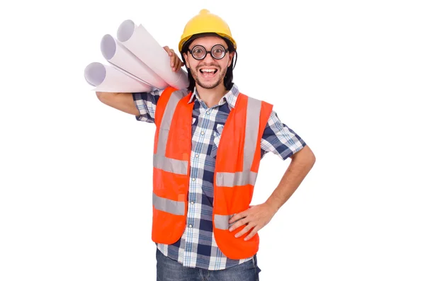 Grappige ingenieur geïsoleerd op de witte witte — Stockfoto