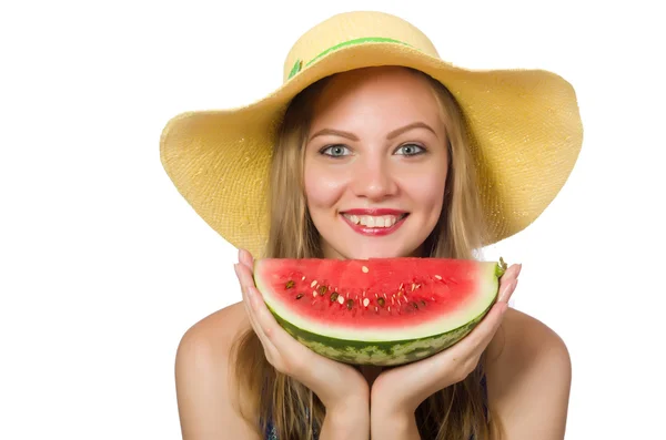 Mujer con sandía aislada en blanco — Foto de Stock