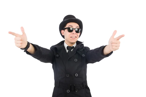 Junger Detektiv in schwarzem Mantel isoliert auf weißem Grund — Stockfoto