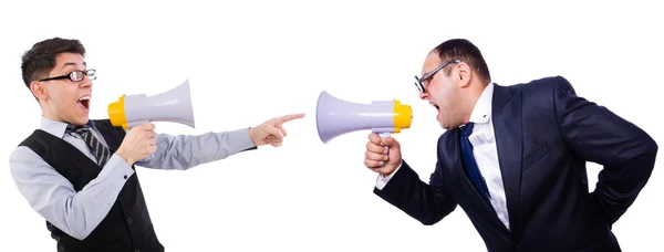 Par gritando um com o outro via alto-falante — Fotografia de Stock