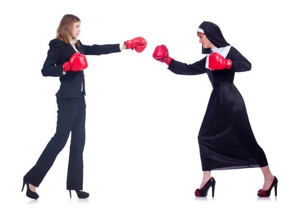 Businessman and nun boxing isolated on white — Stock Photo, Image