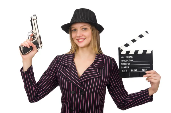 白い上に隔離された映画のクラップボードを持つ女性 — ストック写真