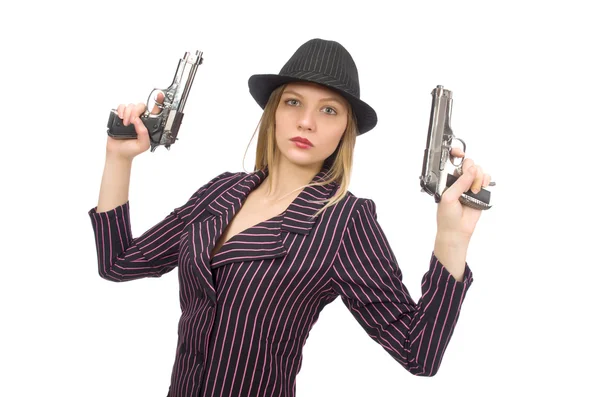 Gangster donna con pistola isolata su bianco — Foto Stock