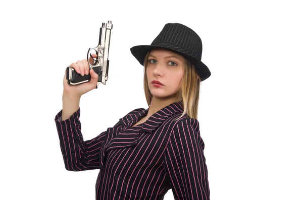 Gangster mulher com arma isolada no branco — Fotografia de Stock