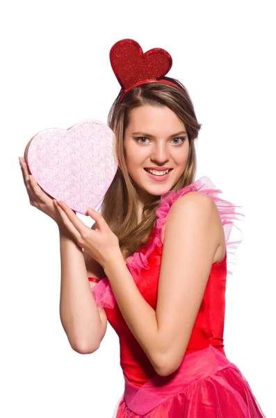 Fille en jolie robe rose avec boîte cadeau isolé sur blanc — Photo