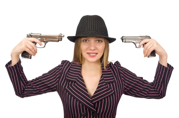 Gangster donna con pistola isolata su bianco — Foto Stock