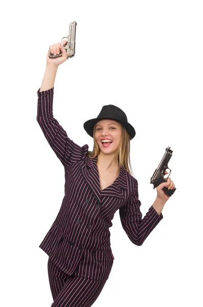 Gangster-Frau mit Waffe isoliert auf Weiß — Stockfoto
