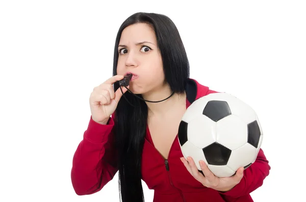 Woman with football isolated on white — Stock Photo, Image