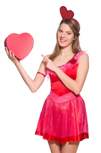 Chica en vestido rosa bonito con caja de regalo aislado en blanco —  Fotos de Stock