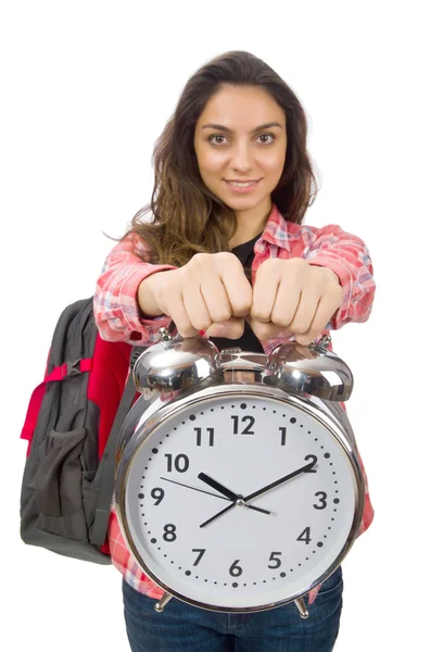 Young student girl with alarm clock — Stock Photo, Image