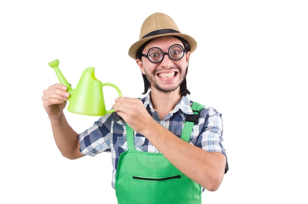 Jeune jardinier joyeux avec arrosoir isolé sur blanc — Photo