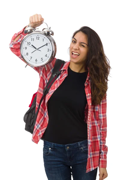 Young student girl with alarm clock — Stock Photo, Image