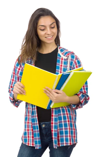 Joven estudiante con libros de texto aislados en blanco —  Fotos de Stock