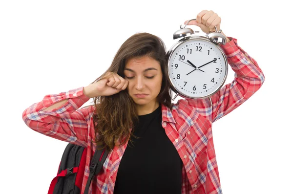 Chica estudiante joven con despertador — Foto de Stock