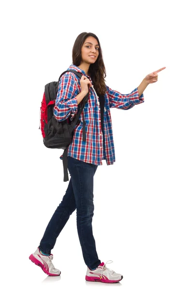 Studente ragazza con zaino isolato su bianco — Foto Stock