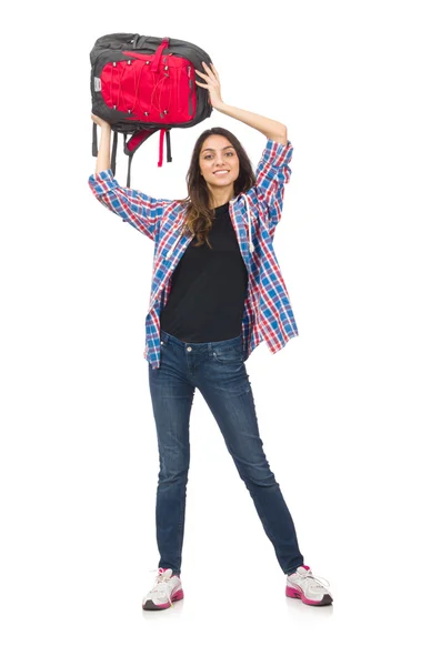 Estudante menina com mochila isolada no branco — Fotografia de Stock