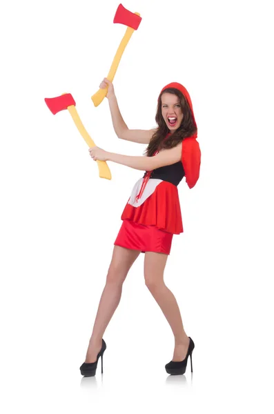 Funny woman with axe isolated on white — Stock Photo, Image