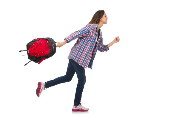 Estudante menina com mochila isolada no branco — Fotografia de Stock