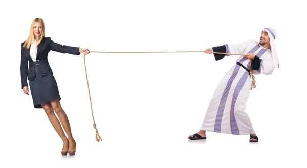 Woman pulling rope on white — Stock Photo, Image