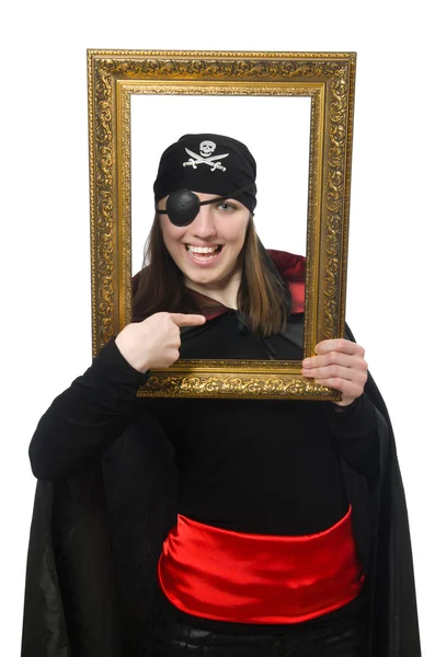 Female pirate in black coat holding photo frame isolated on whit — Stock Photo, Image