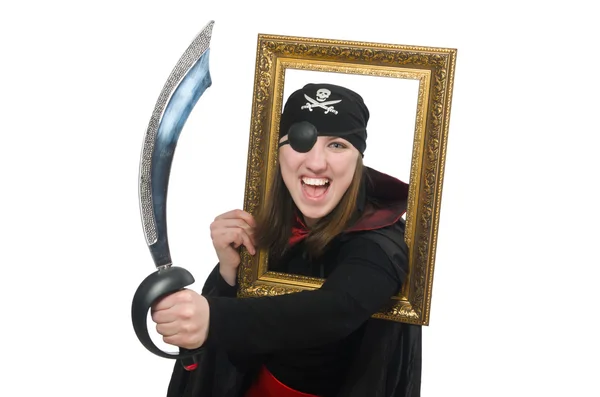 Female pirate with sword and photo frame isolated on white — Stock Photo, Image