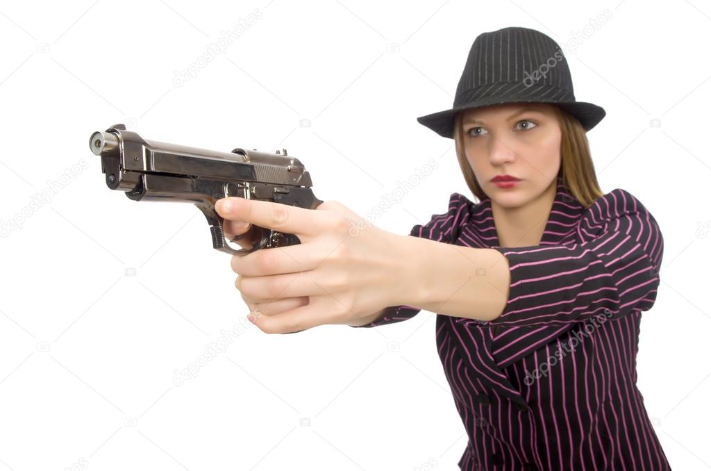 Gangster woman with gun isolated on white